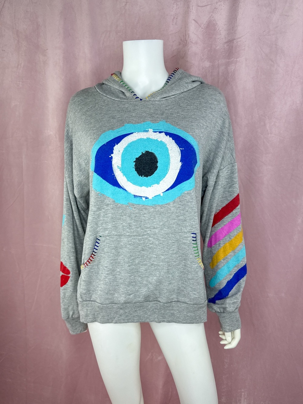 Lauren Moshi Womens Gray Fleece Evil Eye Hoodie Sweater Size Small Rainbow